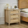 Boho Wood Nightstand w/ 3 Rattan Drawers, Mid-Century Modern Bedside Table, Wicker Accent End Table Storage Cabinet for Bedroom & Living Room