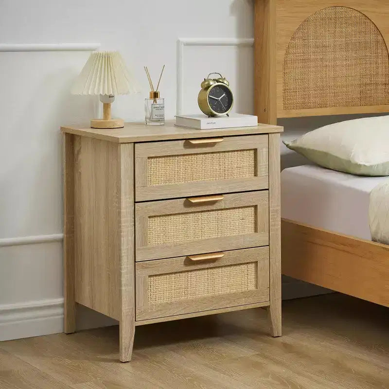 Boho Wood Nightstand w/ 3 Rattan Drawers, Mid-Century Modern Bedside Table, Wicker Accent End Table Storage Cabinet for Bedroom & Living Room