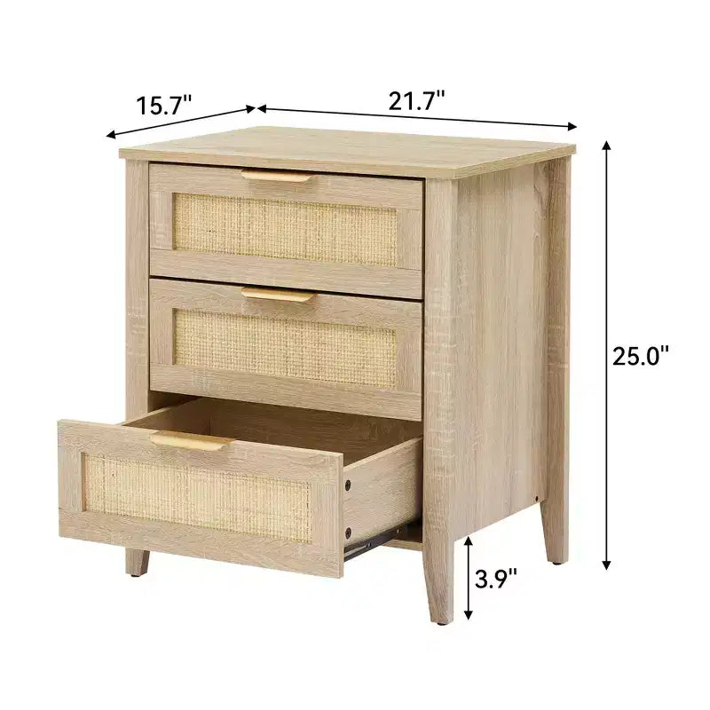 Oak Rattan 3-Drawer Nightstand, 1-Person Use
