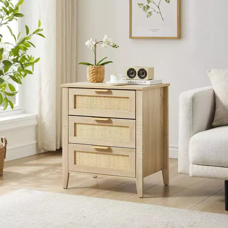 Oak Rattan 3-Drawer Nightstand, 1-Person Use