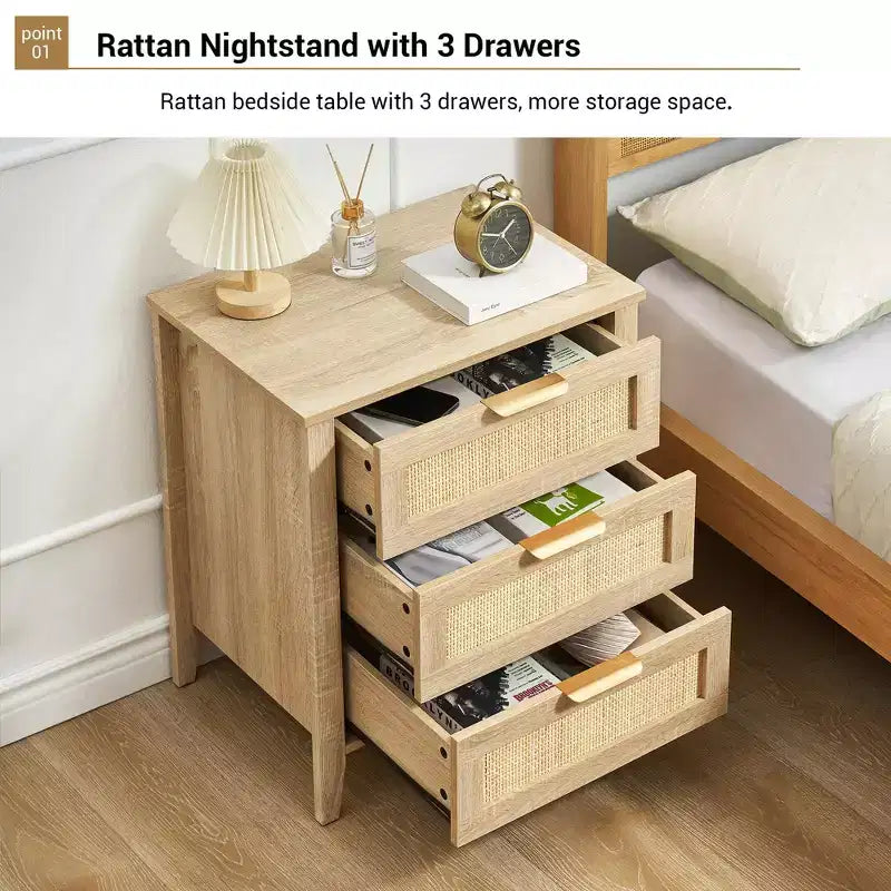 Oak Rattan 3-Drawer Nightstand, 1-Person Use