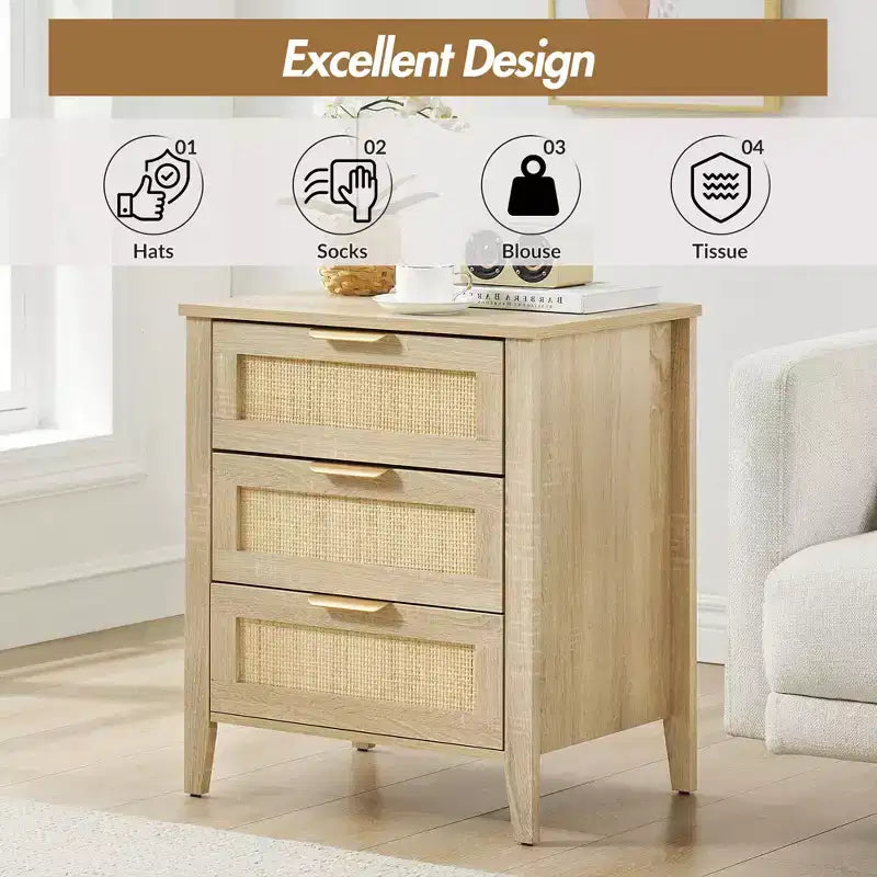 Oak Rattan 3-Drawer Nightstand, 1-Person Use