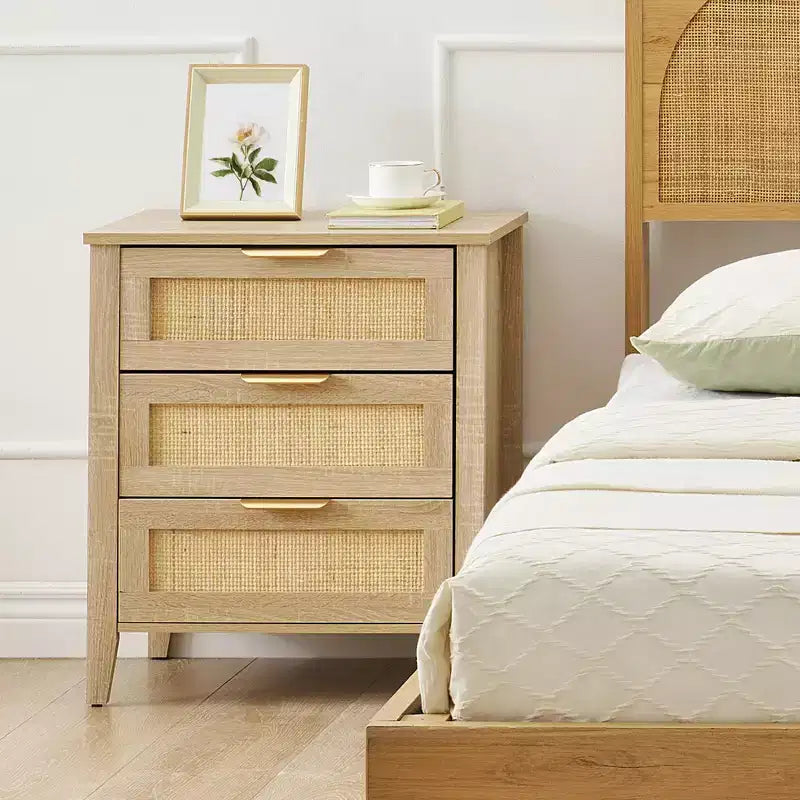 Oak Rattan 3-Drawer Nightstand, 1-Person Use