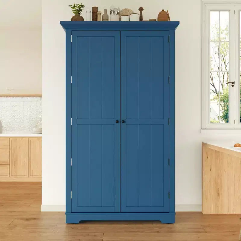 Blue/White 2-Door Freestanding Pantry Cabinet with Drawers & Adjustable Shelves, 1-Person Assembly