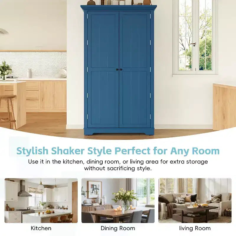 Blue/White 2-Door Freestanding Pantry Cabinet with Drawers & Adjustable Shelves, 1-Person Assembly