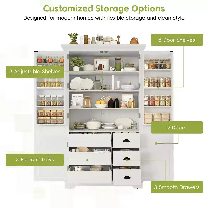 Blue/White 2-Door Freestanding Pantry Cabinet with Drawers & Adjustable Shelves, 1-Person Assembly