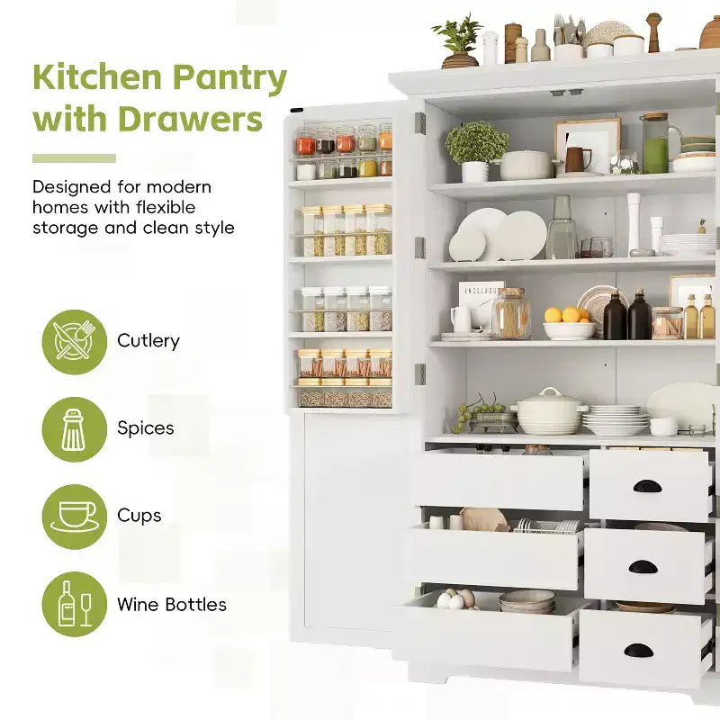 Blue/White 2-Door Freestanding Pantry Cabinet with Drawers & Adjustable Shelves, 1-Person Assembly