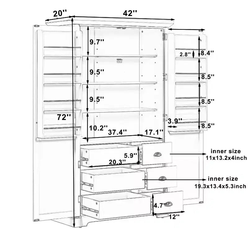 Blue/White 2-Door Freestanding Pantry Cabinet with Drawers & Adjustable Shelves, 1-Person Assembly