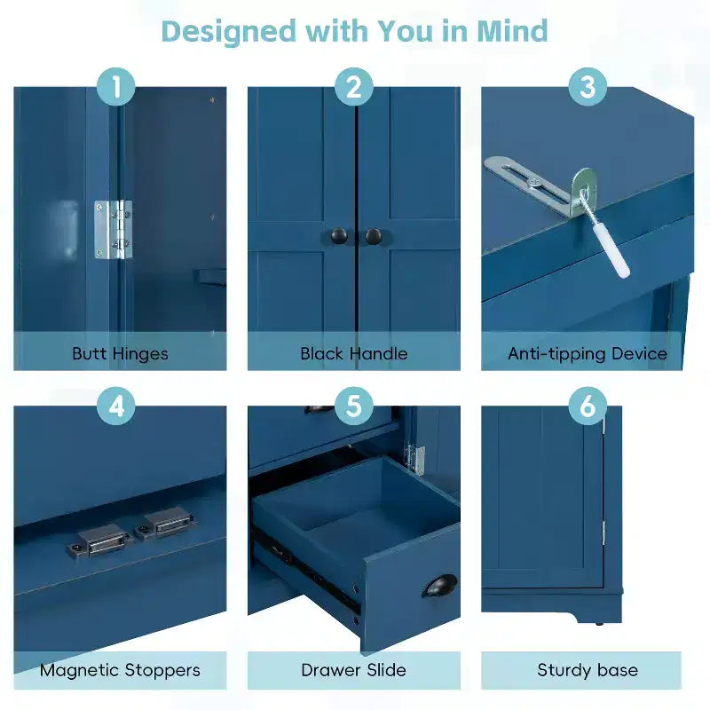 Blue/White 2-Door Freestanding Pantry Cabinet with Drawers & Adjustable Shelves, 1-Person Assembly