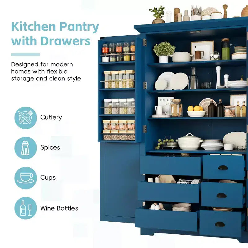 Blue/White 2-Door Freestanding Pantry Cabinet with Drawers & Adjustable Shelves, 1-Person Assembly
