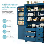Blue/White 2-Door Freestanding Pantry Cabinet with Drawers & Adjustable Shelves, 1-Person Assembly