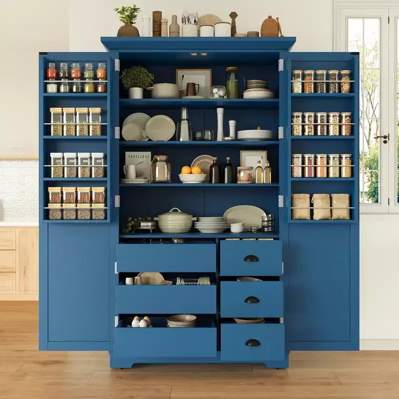 2- Door Kitchen Pantry, Freestanding Cupboard Storage Cabinet with Adjustable Shelves, Drawers & Pull-out Trays - ModernLuxe