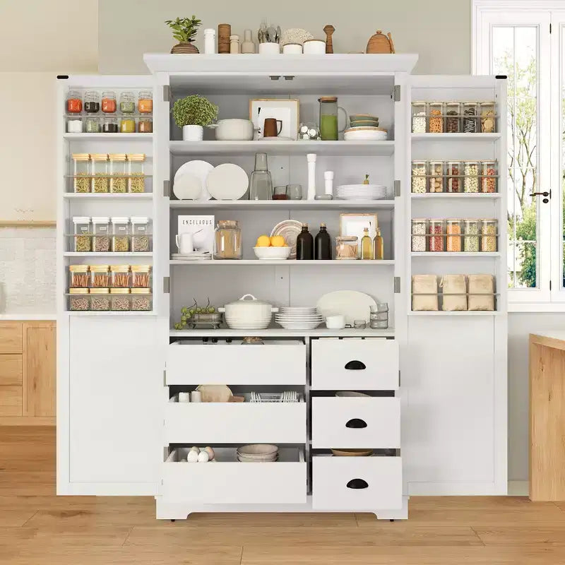 Blue/White 2-Door Freestanding Pantry Cabinet with Drawers & Adjustable Shelves, 1-Person Assembly