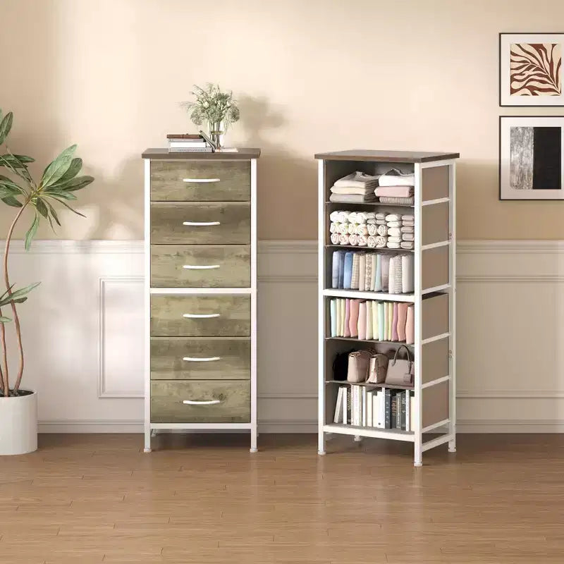 JIONJOY 6-Tier Narrow Drawer Storage Cabinet with Open Shelves, for Bedroom, Living Room, Office OrganizationFaux Oak Fabric