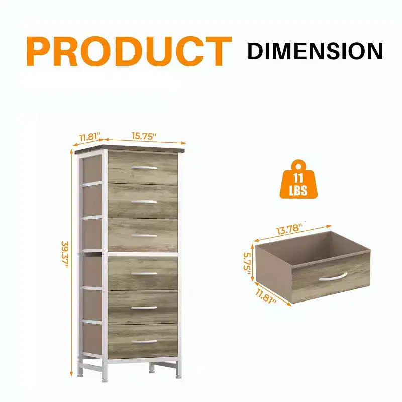 Faux Oak 6-Drawer Narrow Storage Tower, 1-Person Use