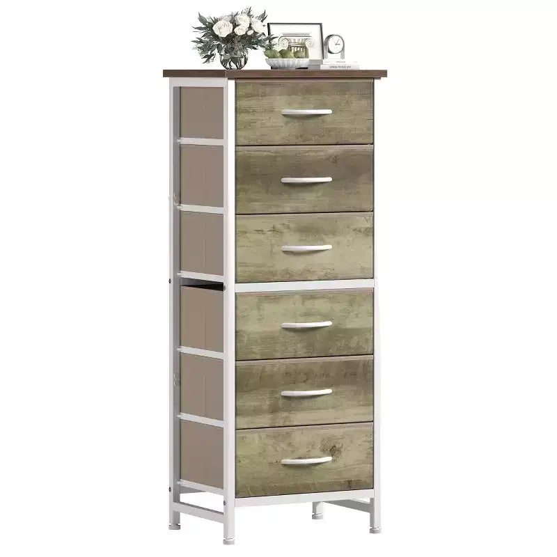 Faux Oak 6-Drawer Narrow Storage Tower, 1-Person Use