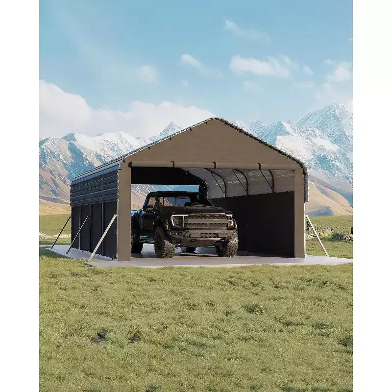 LinTimes 12x19 ft Heavy-Duty Steel Carport for Car, Truck, Boat with Roll-Up Doors, Triple-Coated Frame, 360-Degree Weatherproof Coverage