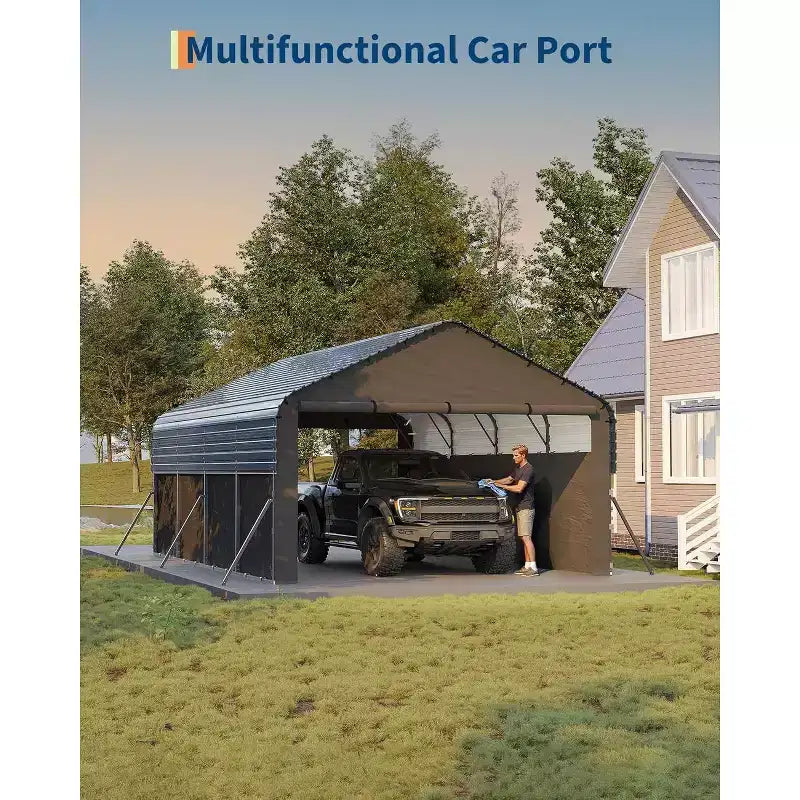 Gray Steel Carport with Roll-Up Doors, 12x19 ft, 4-Person Assembly