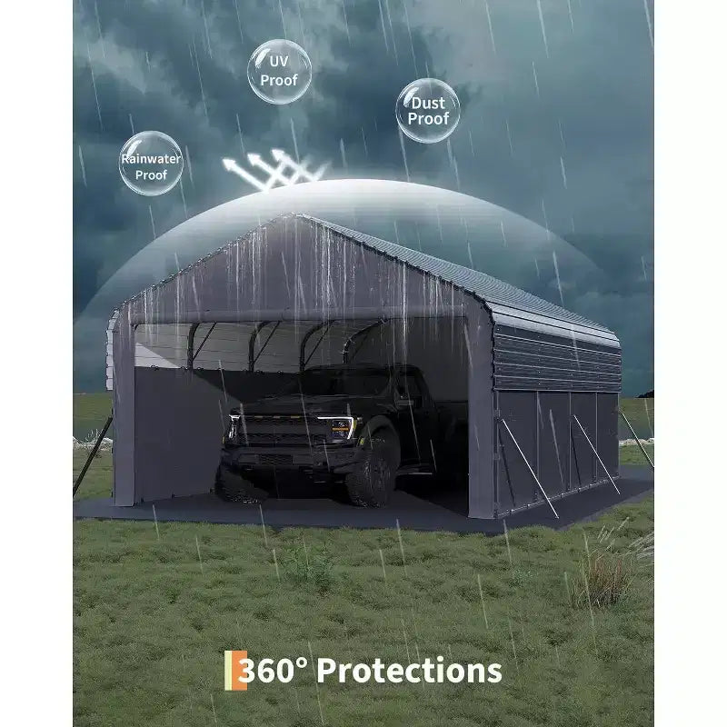 Gray Steel Carport with Roll-Up Doors, 12x19 ft, 4-Person Assembly