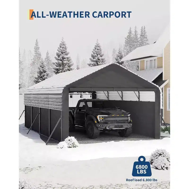 Gray Steel Carport with Roll-Up Doors, 12x19 ft, 4-Person Assembly