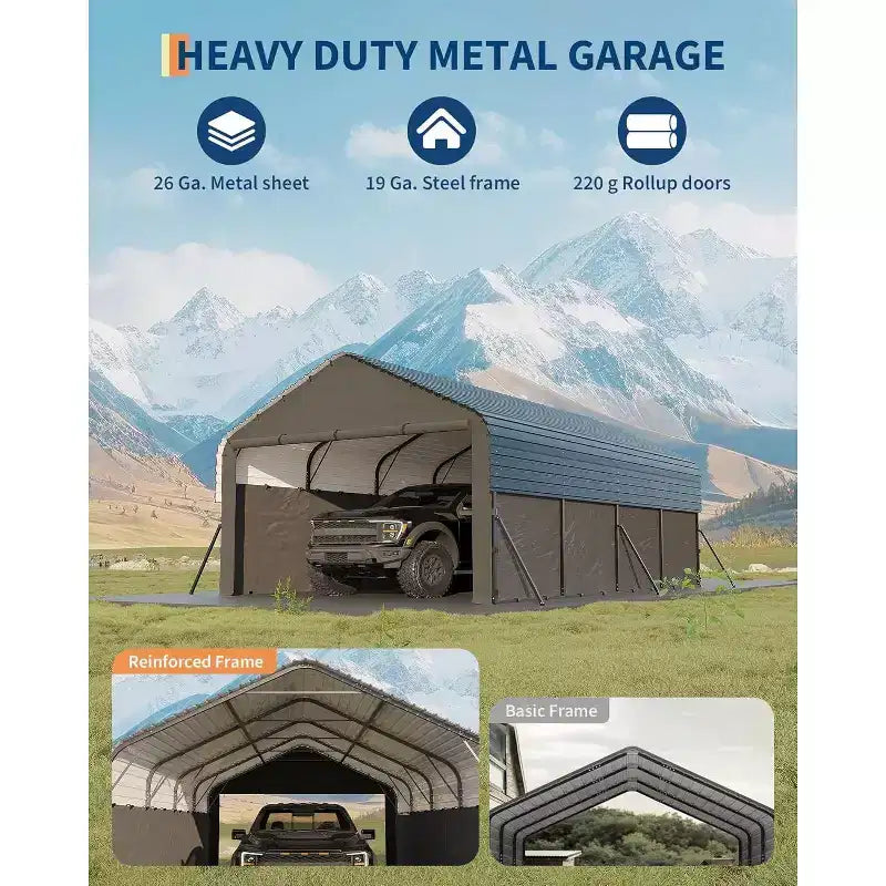 Gray Steel Carport with Roll-Up Doors, 12x19 ft, 4-Person Assembly