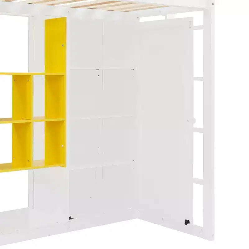 Gray/White Wood Loft Bed with Wardrobe & Shelves, Twin/Full, 1-Person