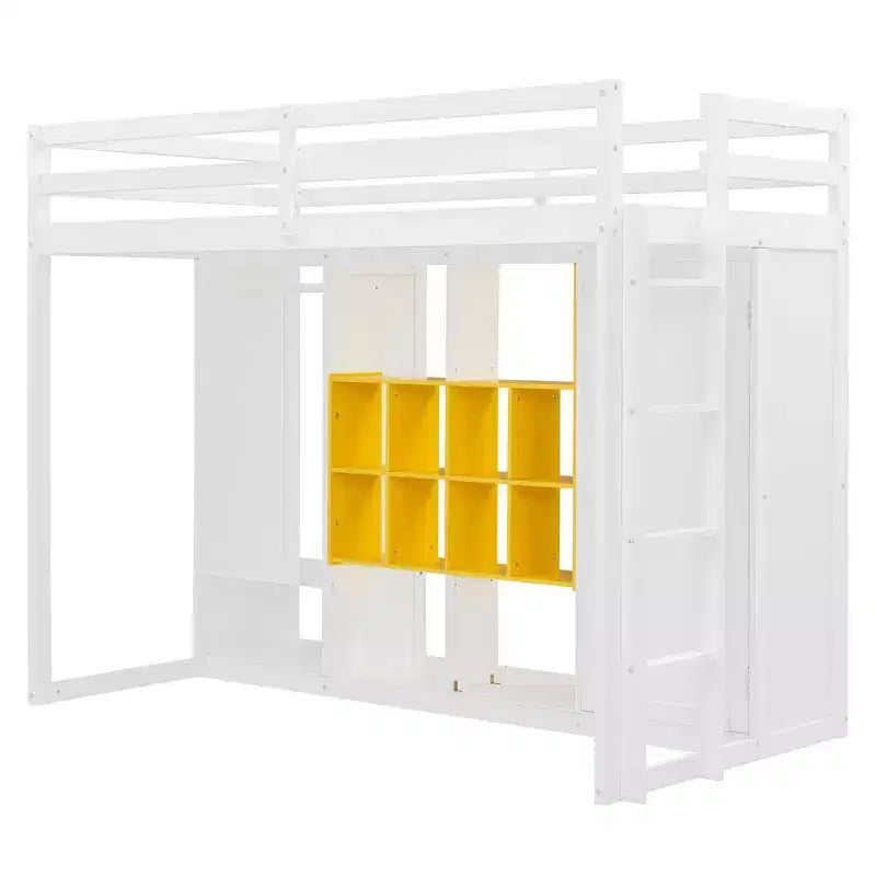 Gray/White Wood Loft Bed with Wardrobe & Shelves, Twin/Full, 1-Person