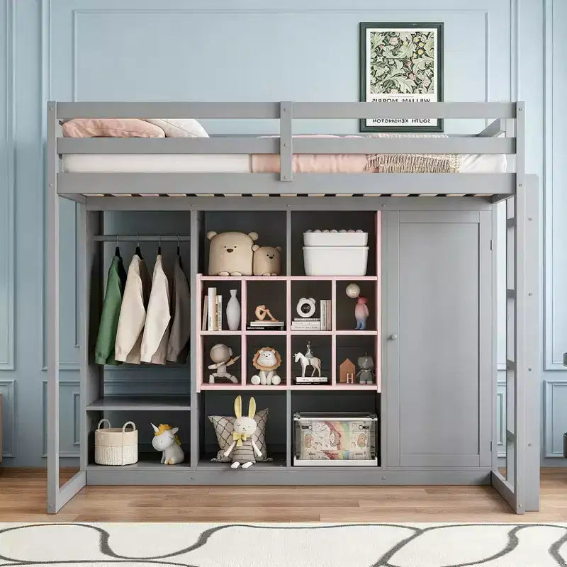 Gray/White Wood Loft Bed with Wardrobe & Shelves, Twin/Full, 1-Person