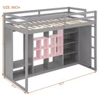 Gray/White Wood Loft Bed with Wardrobe & Shelves, Twin/Full, 1-Person