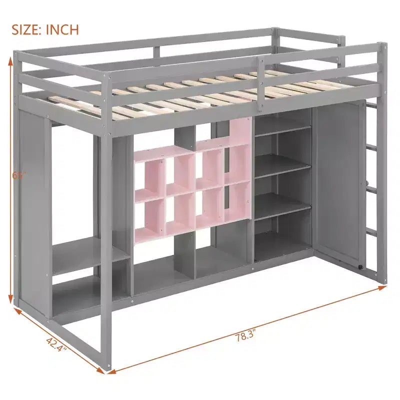 Gray/White Wood Loft Bed with Wardrobe & Shelves, Twin/Full, 1-Person