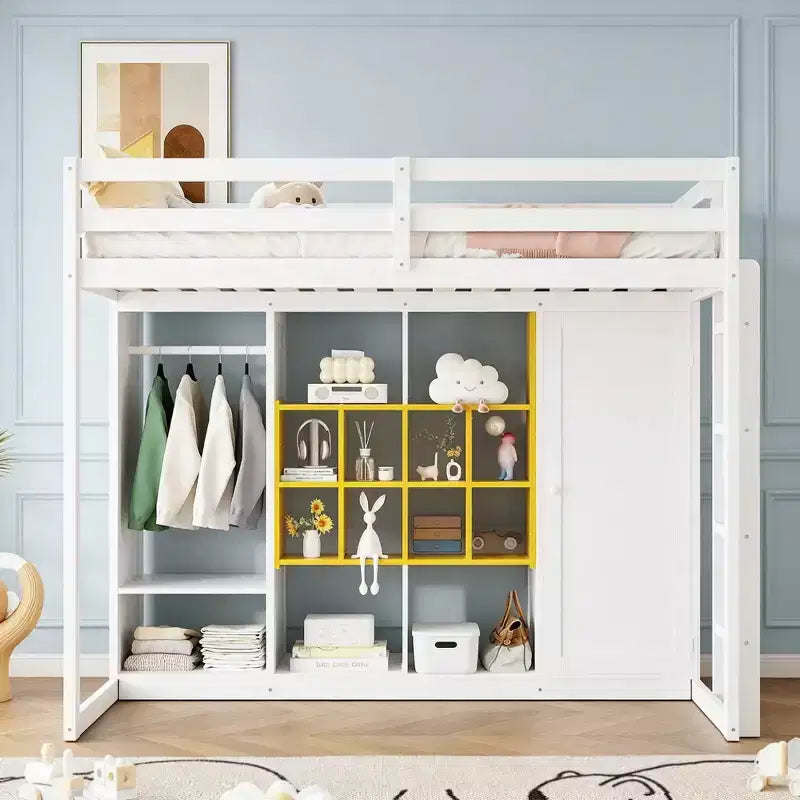 Gray/White Wood Loft Bed with Wardrobe & Shelves, Twin/Full, 1-Person