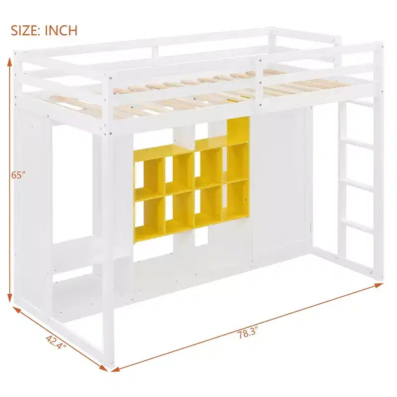 Gray/White Wood Loft Bed with Wardrobe & Shelves, Twin/Full, 1-Person