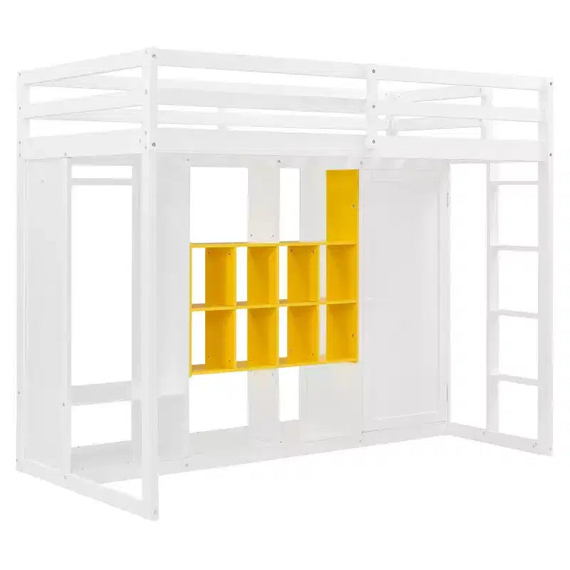 Gray/White Wood Loft Bed with Wardrobe & Shelves, Twin/Full, 1-Person
