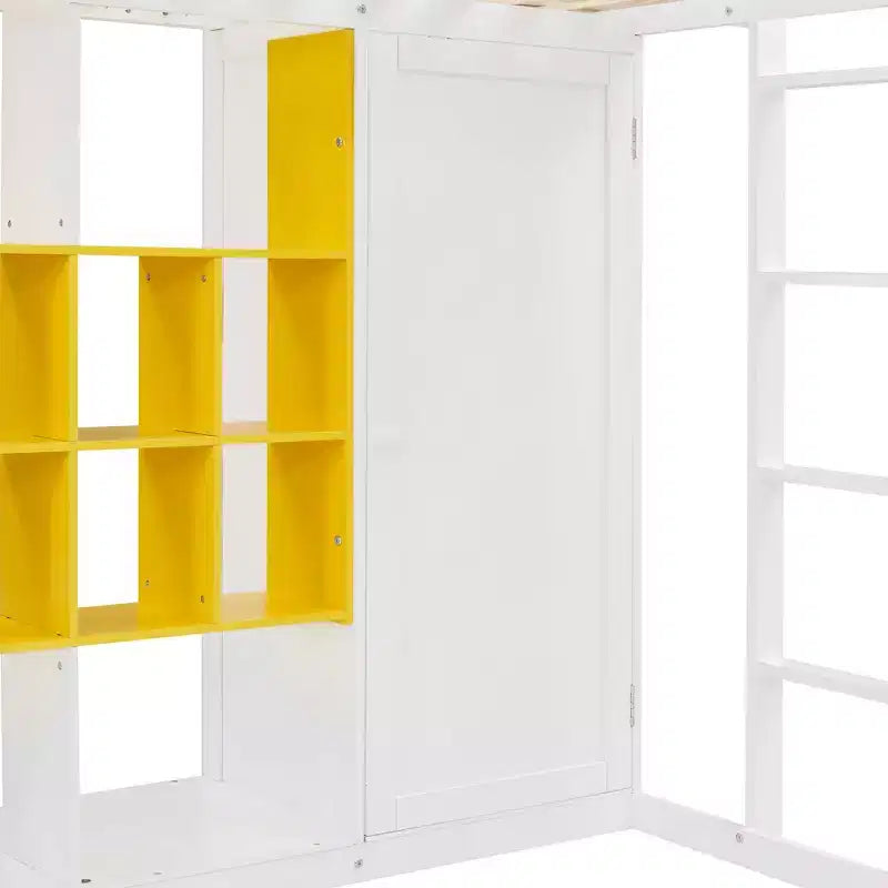 Gray/White Wood Loft Bed with Wardrobe & Shelves, Twin/Full, 1-Person