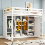 Gray/White Wood Loft Bed with Wardrobe & Shelves, Twin/Full, 1-Person