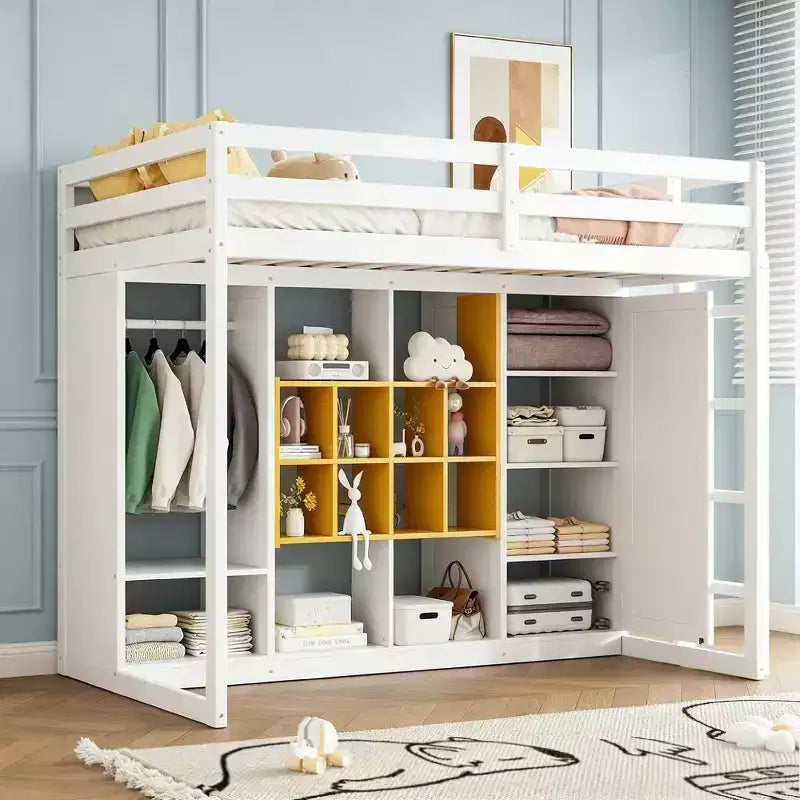 Gray/White Wood Loft Bed with Wardrobe & Shelves, Twin/Full, 1-Person
