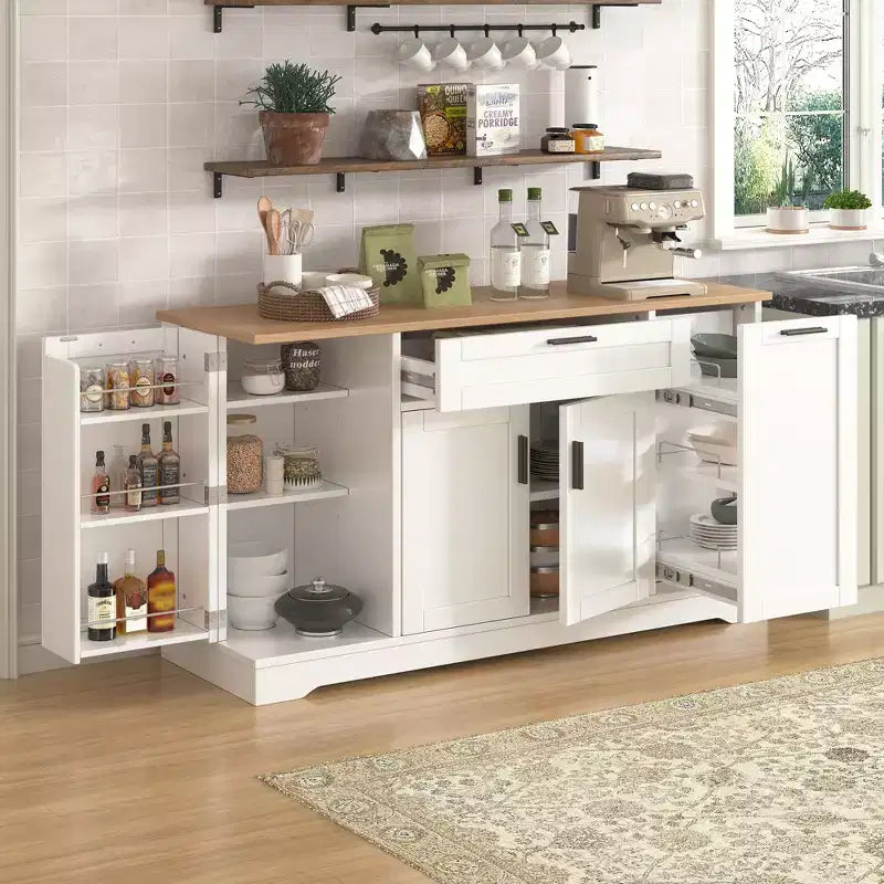 Black/White Sideboard Buffet Cabinet with Pull-Out Rack, Drawer & Adjustable Shelves