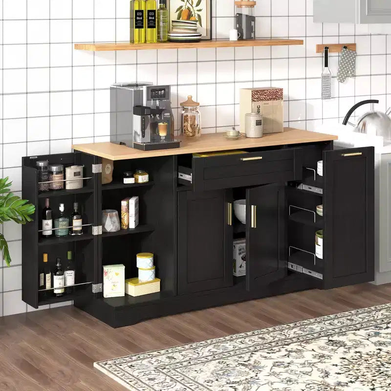 Black/White Sideboard Buffet Cabinet with Pull-Out Rack, Drawer & Adjustable Shelves