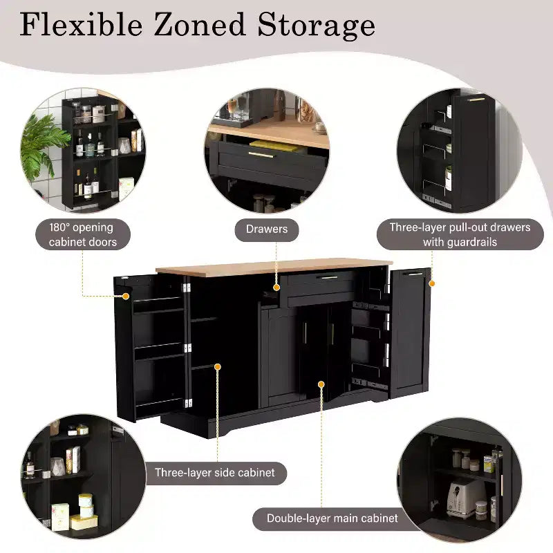 Black/White Sideboard Buffet Cabinet with Pull-Out Rack, Drawer & Adjustable Shelves