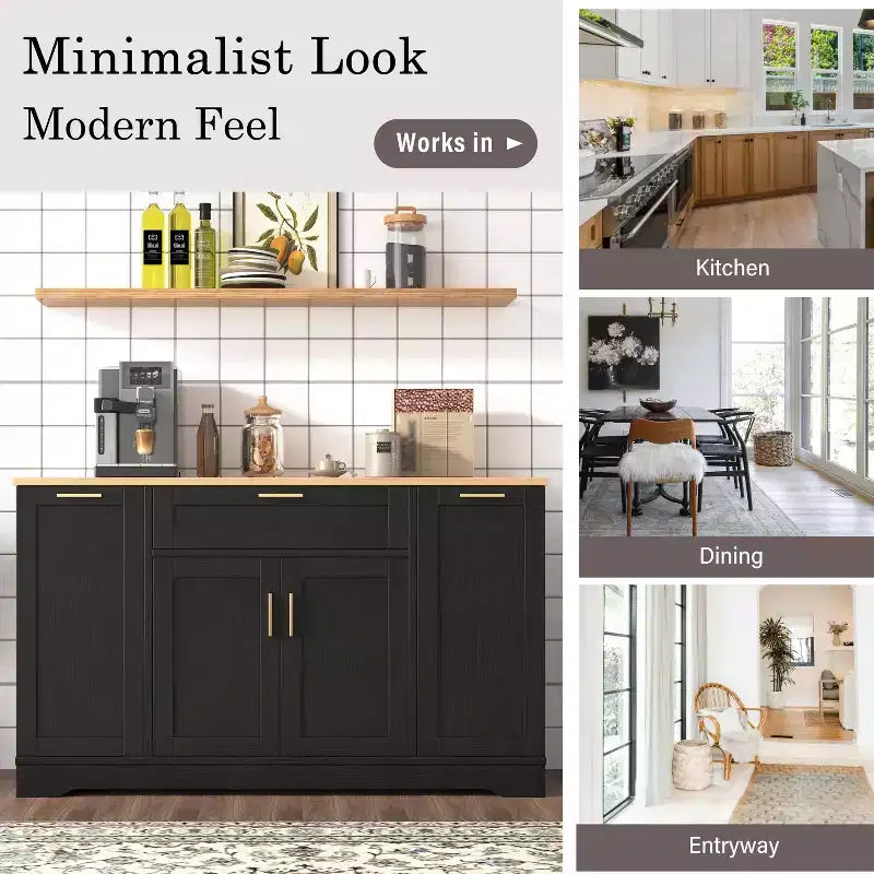 Black/White Sideboard Buffet Cabinet with Pull-Out Rack, Drawer & Adjustable Shelves