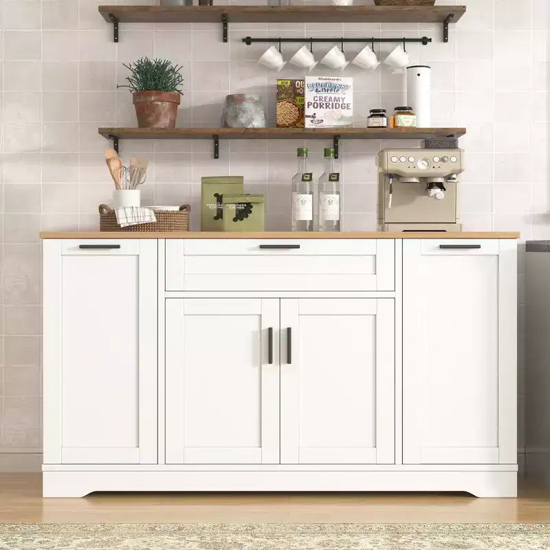 Black/White Sideboard Buffet Cabinet with Pull-Out Rack, Drawer & Adjustable Shelves
