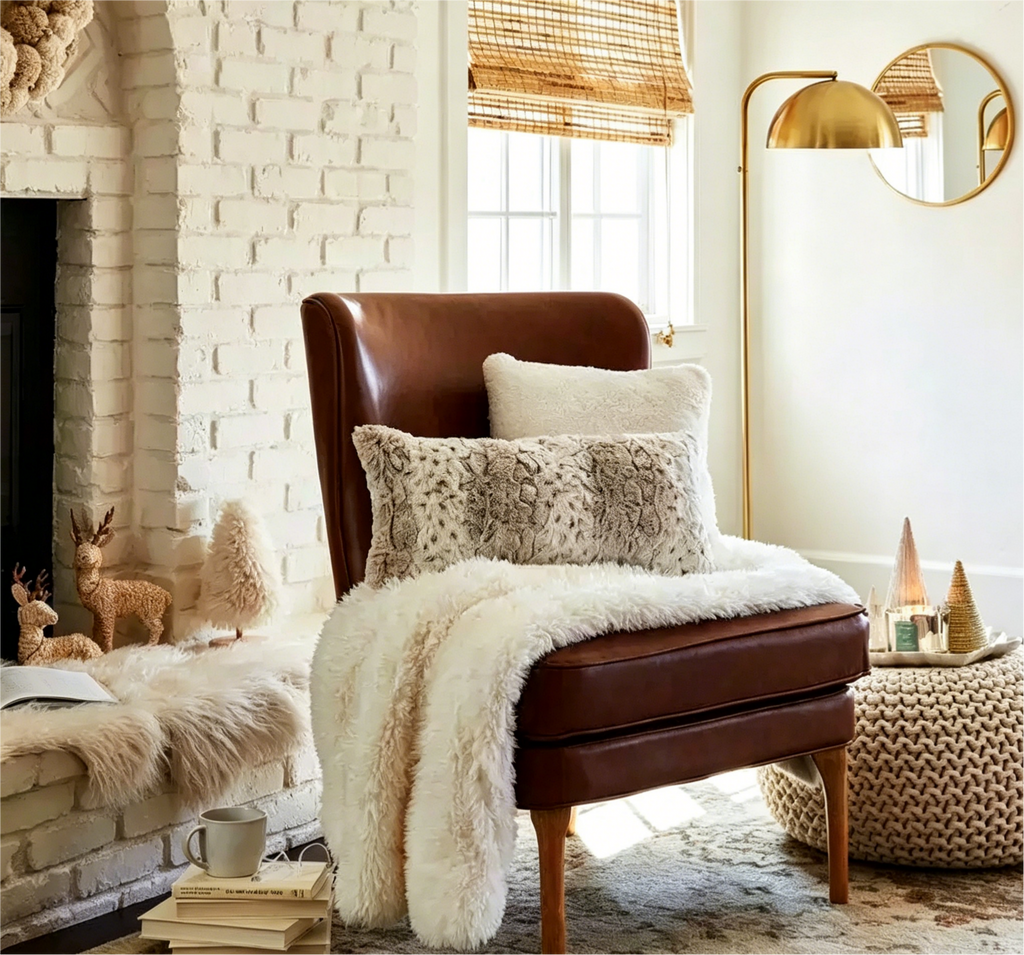 Chunky Knit Round Pouf, Cream / Gray, Seats 1