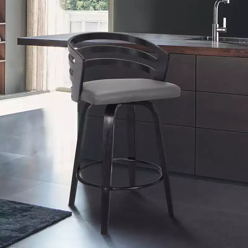 26" Gray Faux Leather & Black Wood Swivel Counter Stool, Seats 1
