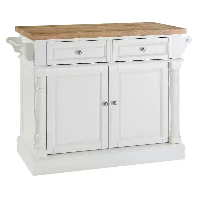 Crosley Butcher Block Top Kitchen Island - White: Hardwood Frame, Towel Bar, 4 Shelves, 2 Drawers