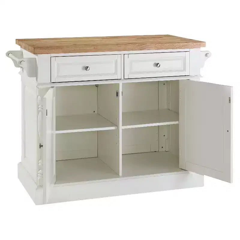 White Butcher Block Top Kitchen Island – 1-Person, 4 Shelves, 2 Drawers, Towel Bars