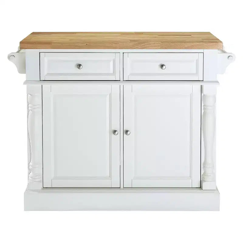 White Butcher Block Top Kitchen Island – 1-Person, 4 Shelves, 2 Drawers, Towel Bars