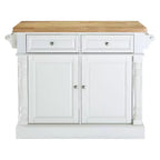 White Butcher Block Top Kitchen Island – 1-Person, 4 Shelves, 2 Drawers, Towel Bars