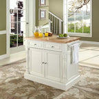 White Butcher Block Top Kitchen Island – 1-Person, 4 Shelves, 2 Drawers, Towel Bars