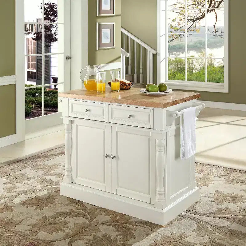 White Butcher Block Top Kitchen Island – 1-Person, 4 Shelves, 2 Drawers, Towel Bars