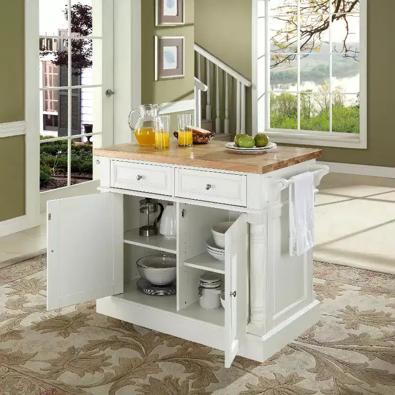 White Butcher Block Top Kitchen Island – 1-Person, 4 Shelves, 2 Drawers, Towel Bars